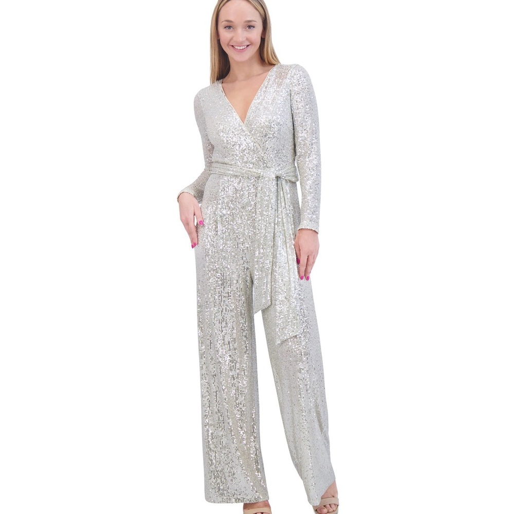 Eliza J Sequin Wrap Front Long Sleeve Jumpsuit, Silver, Size 2
